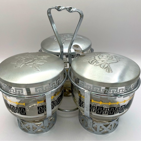 Libby Glass MCM 7pc condiment caddy set. Vintage glass w/ aluminum lids. - Picture 5 of 15